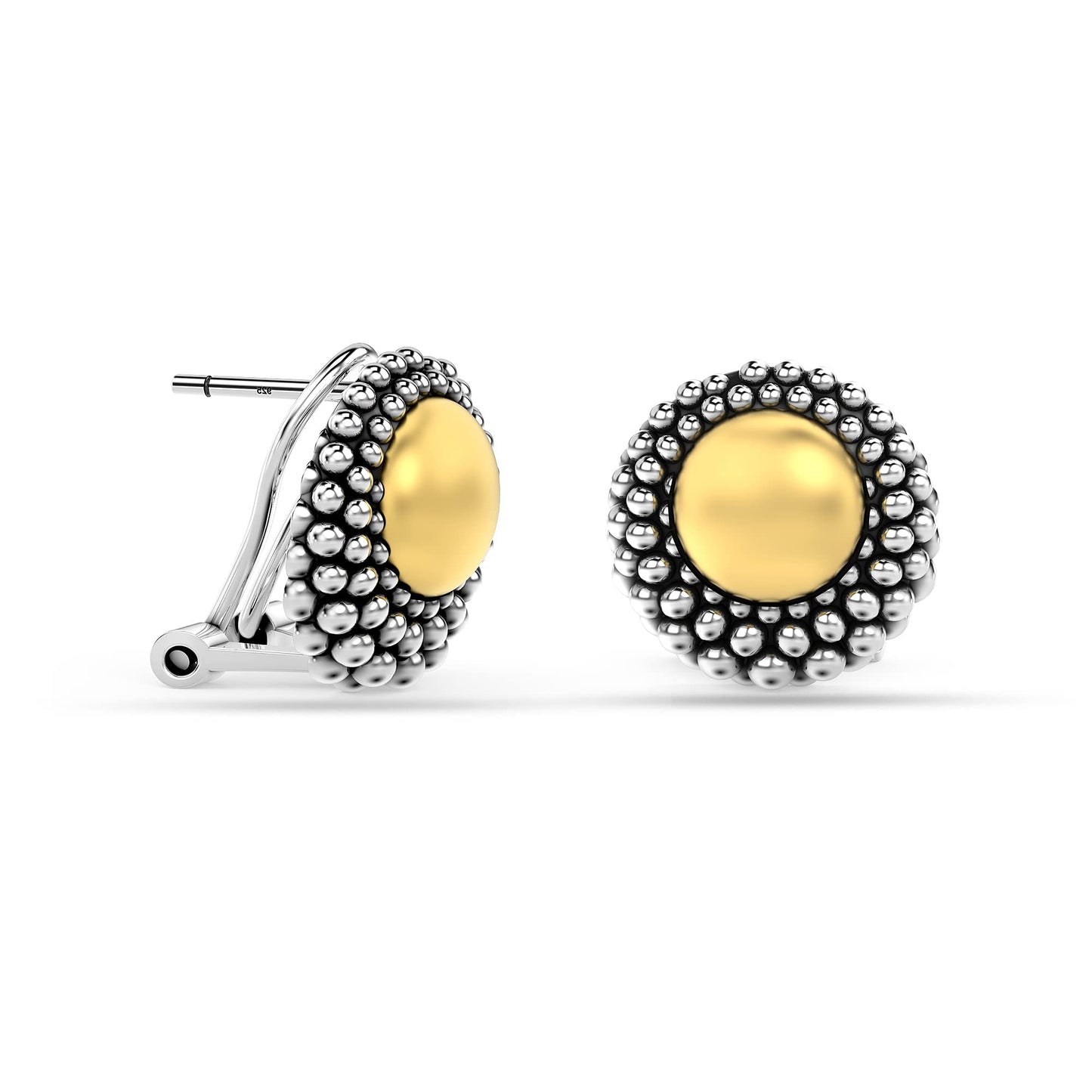 LeCalla 925 Sterling Silver Omega Back Earrings Jewelry Medium Large Antique Round Two-Tone Beaded Dome Statement Omega Clip Back Stud Earring for Women - 15MM