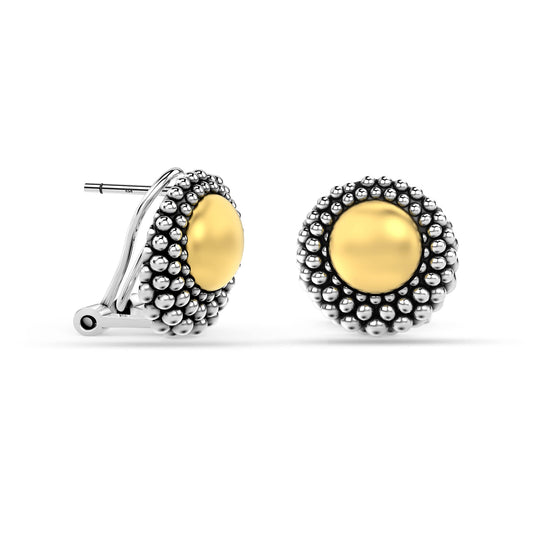 LeCalla 925 Sterling Silver Omega Back Earrings Jewelry Medium Large Antique Round Two-Tone Beaded Dome Statement Omega Clip Back Stud Earring for Women - 15MM