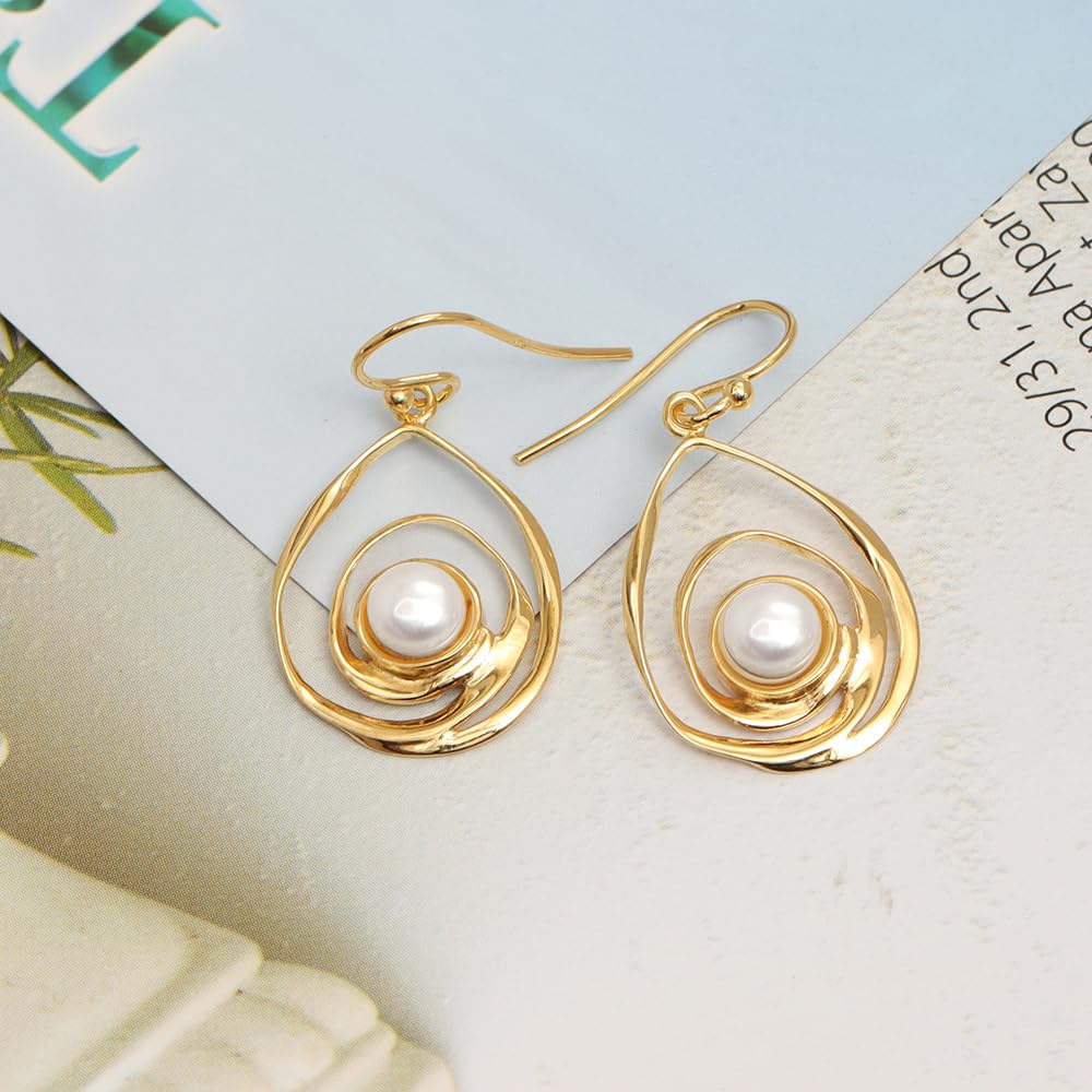 LeCalla 925 Sterling Silver Pearl Earrings for Women | 14K Gold-Plated Freshwater pearl Swirl Drop Earrings | Wire Wrap Pearl-Studded Dangle Earrings 25MM