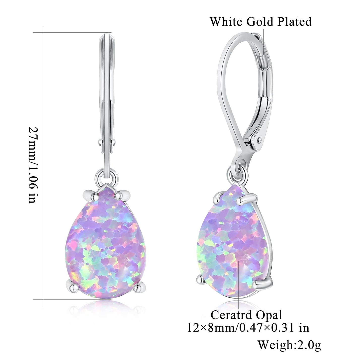 CiNily Teardrop Leverback Dangle Earrings for Women Hypoallergenic Purple Opal Pendant Drop Earrings 14K White Gold Plated Hanging Lever Earrings Jewelry