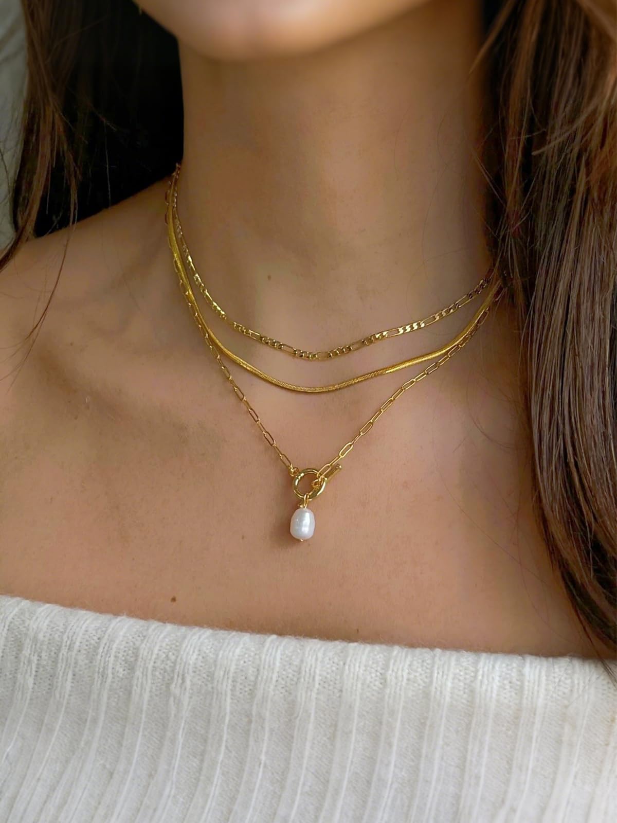 Gold Layered Necklaces for Women Stackable Pearl Pendant Choker Necklaces 3PCS Cute Simple Paperclip Chain Necklaces Set Dainty Trendy Multilayer Thin Chain Elegance Jewelry Set Gifts