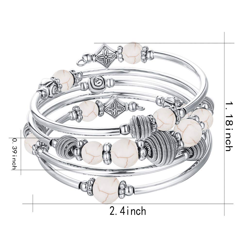 PEARL&CLUB Beaded Chakra Bangle Turquoise Bracelet - Fashion Jewelry Wrap Bracelet with Thick Silver Metal and Mala Beads, Birthday Gifts For Women(White Turquoise)