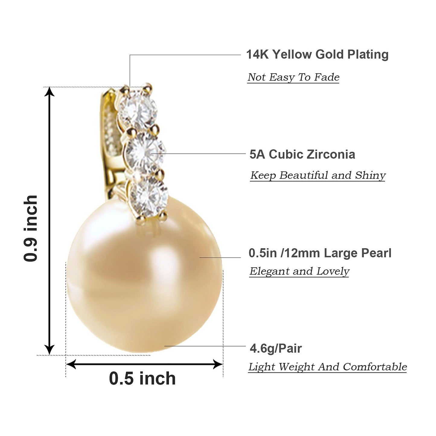 Pearl Earrings for Women 14K Gold Plated Hypoallergenic Pearl Earrings 5A Cubic Zirconia Dangle Earrings Elegant Jewelry (1-Gold-brown)