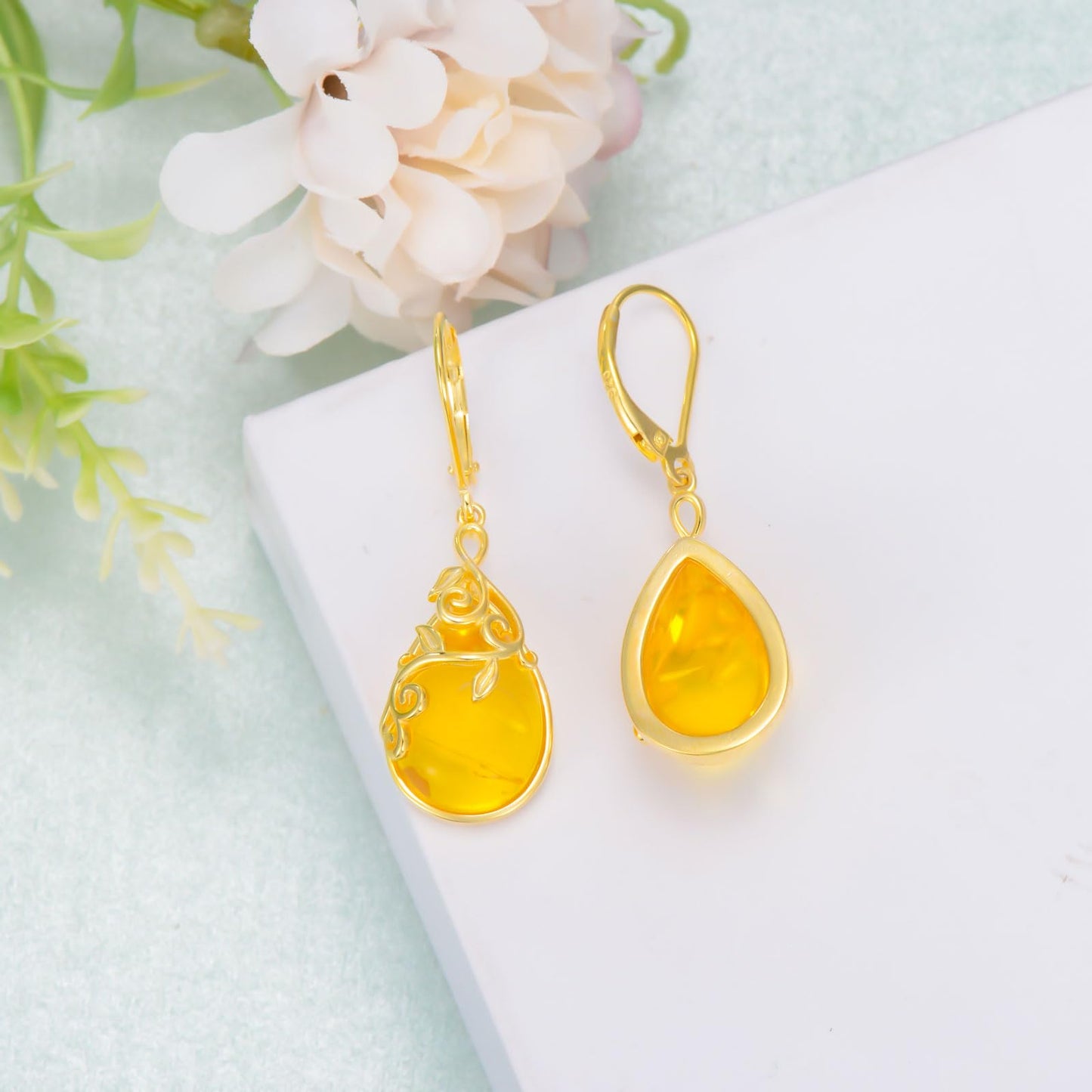 VONALA Amber Earrings 925 Sterling Silver Filigree Leaf Leverbak Earrings Teardrop Drop Dangle Dangling Earrings Jewelry Gift for Women