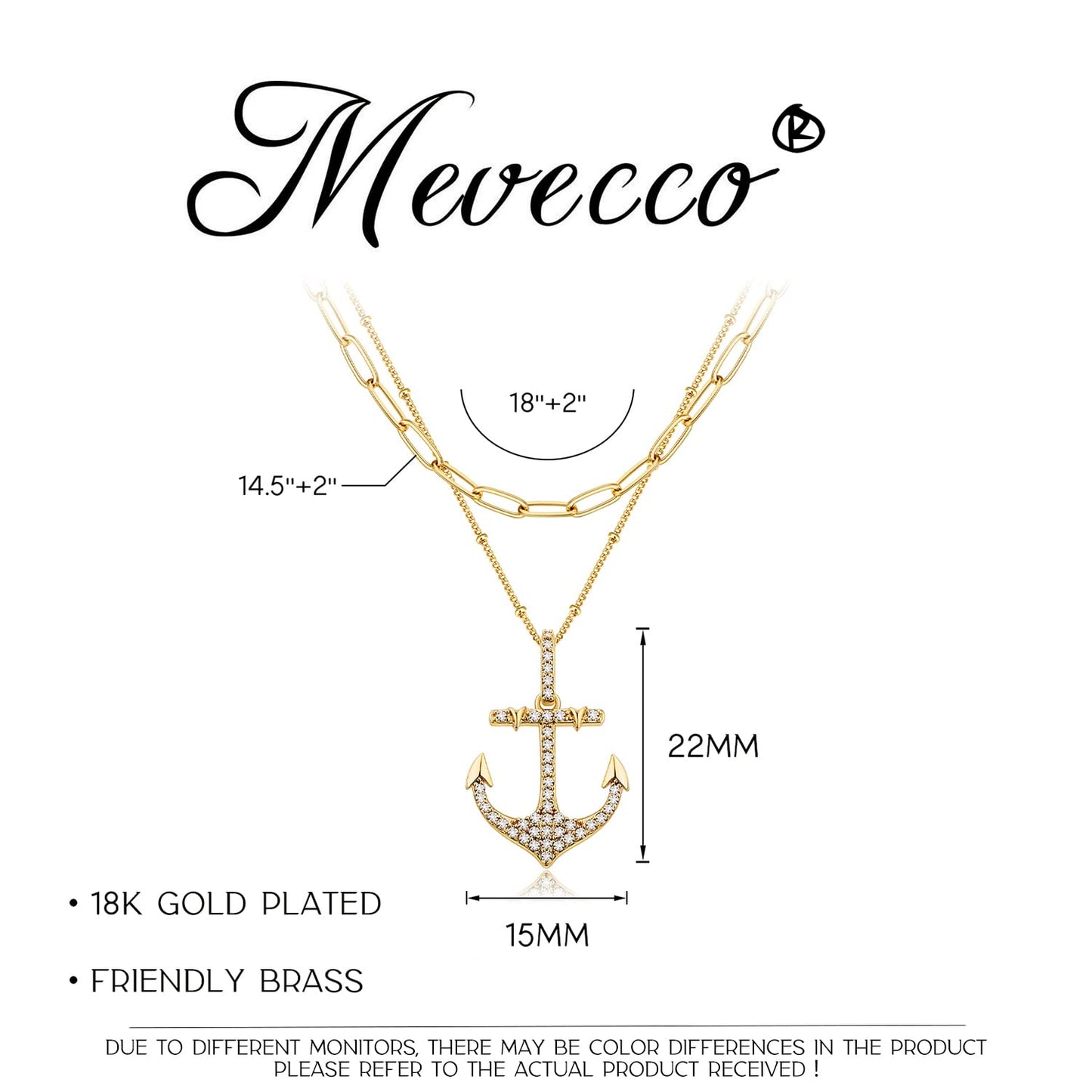 MEVECCO Gold Layered Choker Necklace for Women, 18K Gold Plated Dainty CZ Anchor Pendant Minimalist Paperclip Double Layer Necklace for Jewelry