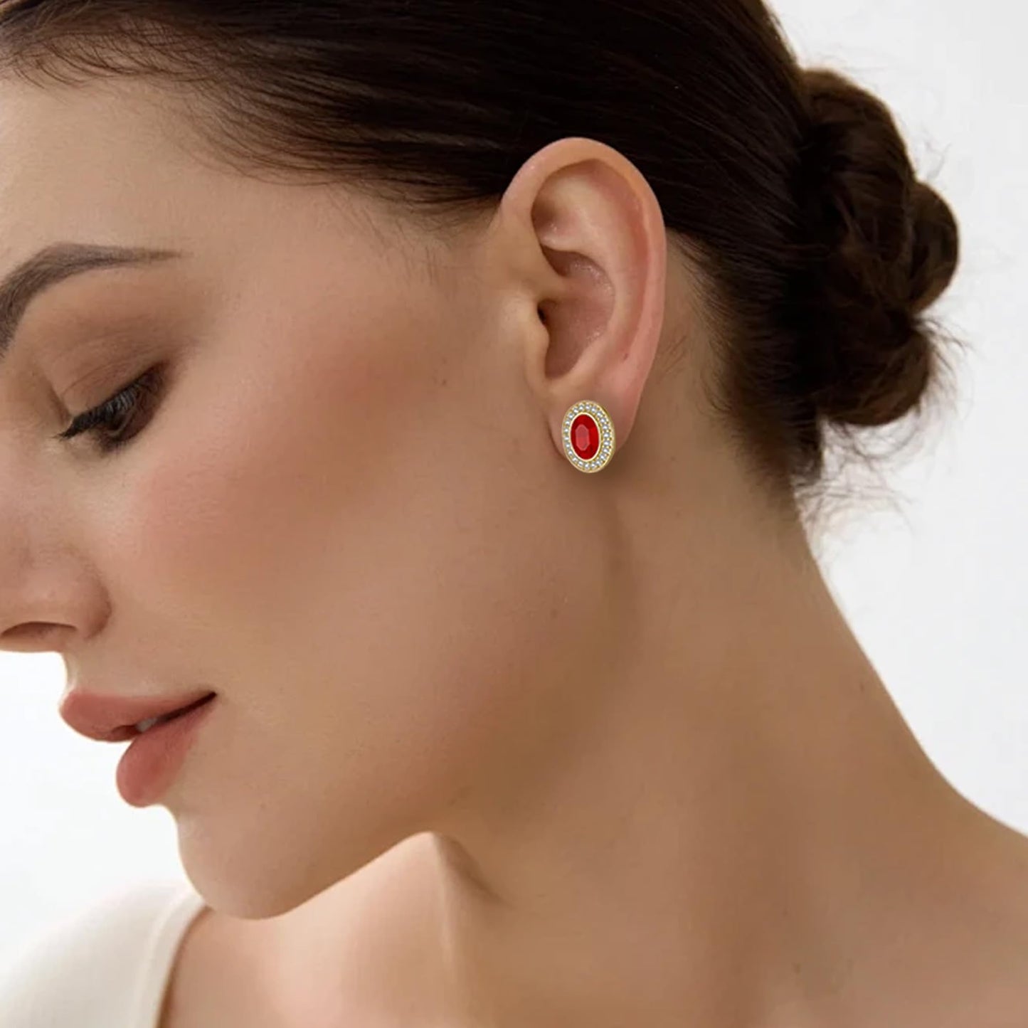 EVEVIC Austrian Crystal Halo Oval Stud Earrings for Women Trendy,14k Gold Plated Hypoallergenic Earring Jewelry Gift (Red)