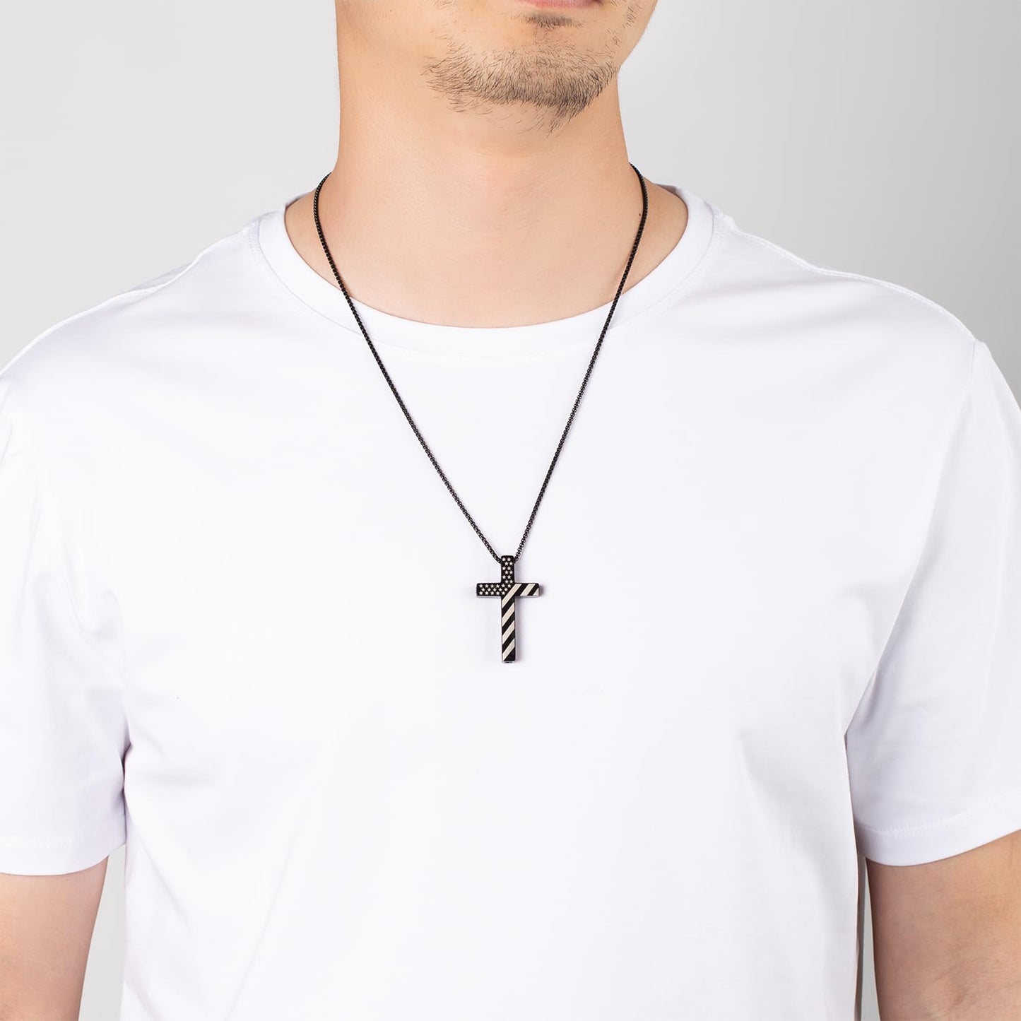 FUNPAR American Flag Cross Breathing Necklace, Stainless Steel Patriotic Jewelry, Inspirational Bible Verse Cross Necklace, Anxiety Relief Items for Men Christian Gift(Black 4:13)