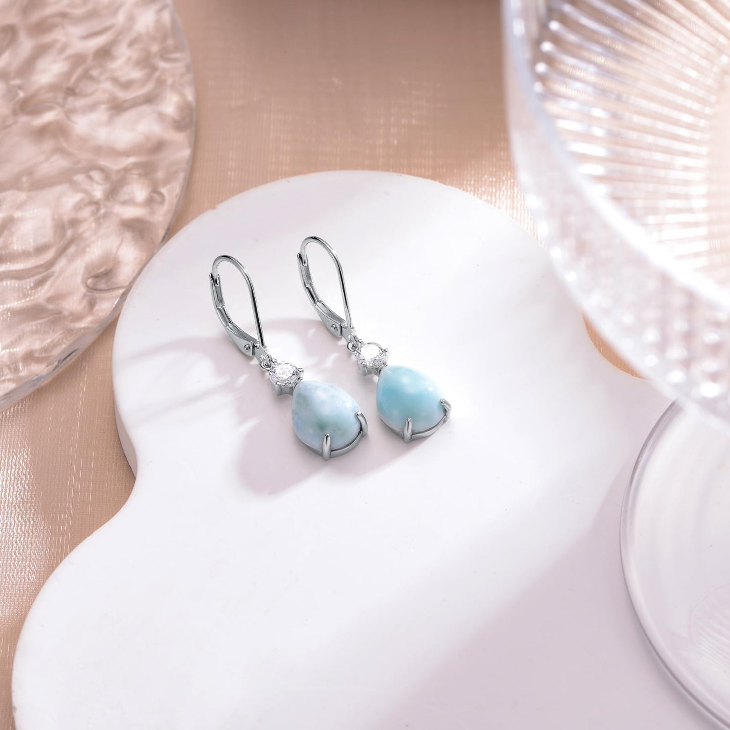 Larimar Earrings 925 Sterling Silver Teardrop Leverback Earrings Blue Stone Dangle Dangling Earrings Larimar Jewelry Gift for Women