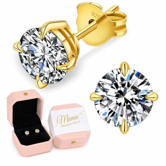 KRKC 0.6-3ct Moissanite Stud Earrings, D Color VVS1 Clarity, Lab Created Diamond Stud Earring for Women, 14K Golden Plated S925 Sterling Silver Earrings Friction Back for Women, Hypoallergenic,Mothers Day Gift Box
