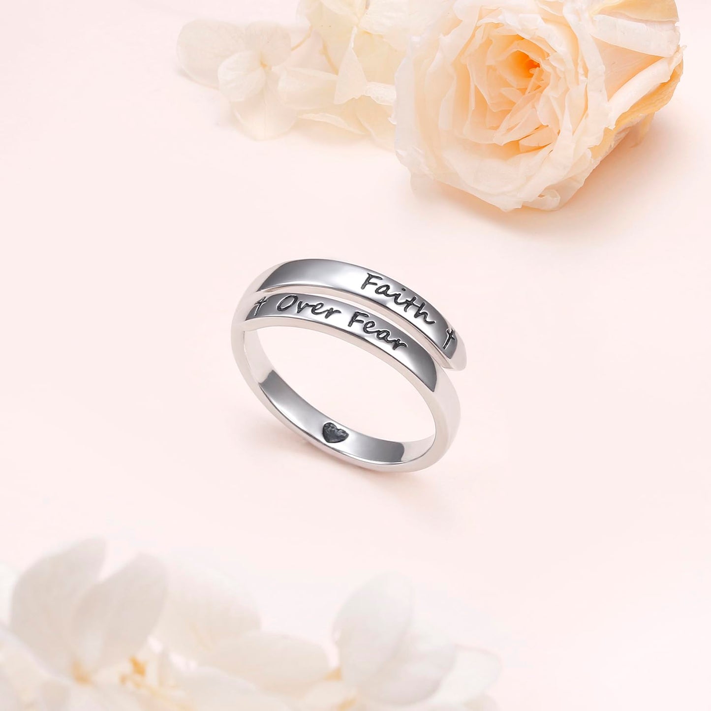 Ladytree Adjustable Inspirational Rings 925 Sterling Silver Faith Over Fear Cross Stacking Wrap Spiral Twist Statement Band Encouragement Gift Jewelry for Women Men(Faith Over Fear)