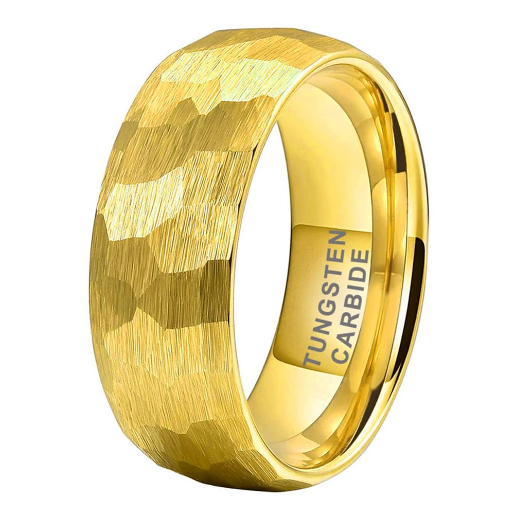 TUTISS 8mm Gold Hammered Tungsten Rings for Men Women Engagement Wedding Bands Domed Matte Finish Comfort Fit Size 7