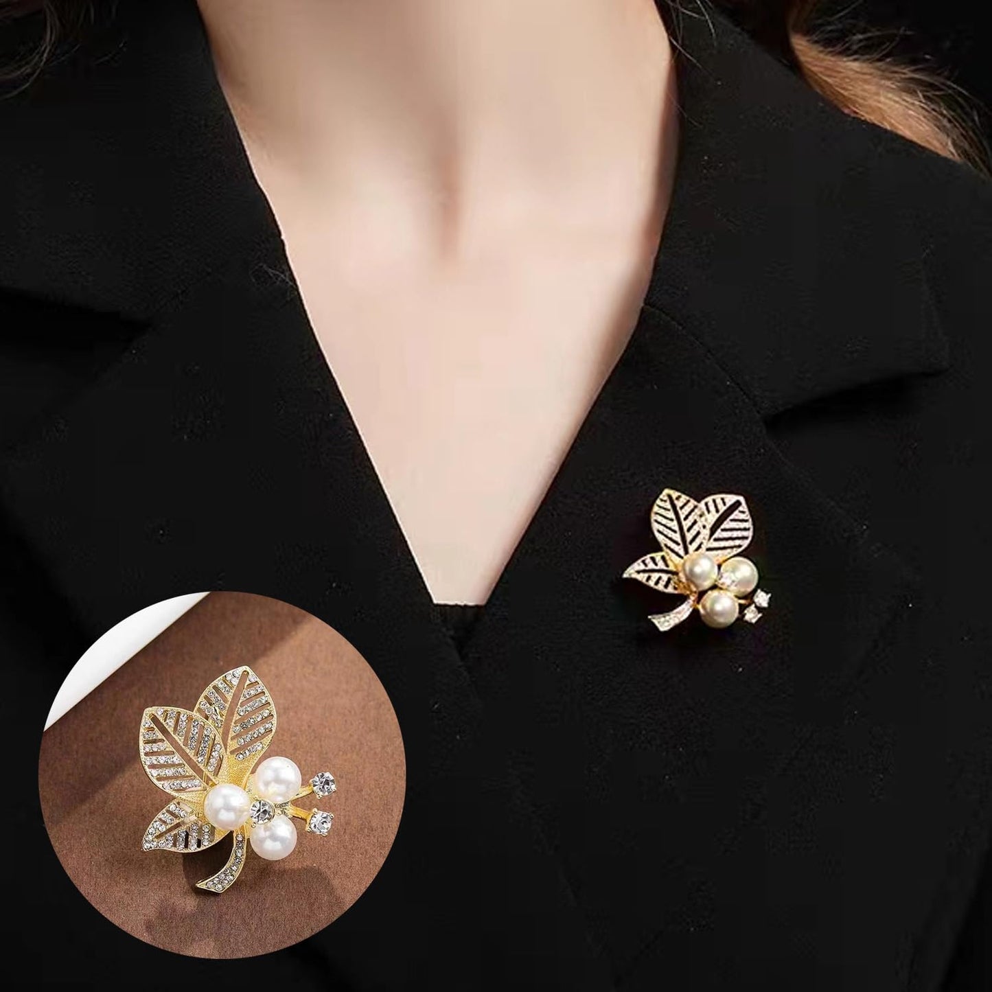Flower Leaf Crystal Brooches Pins Fashion Beautiful Created Rhinestone Pearl Floral Brooch Good Idea for Party Dance Wedding Banquet for Elegant Women Girl(Pearl Leaf)