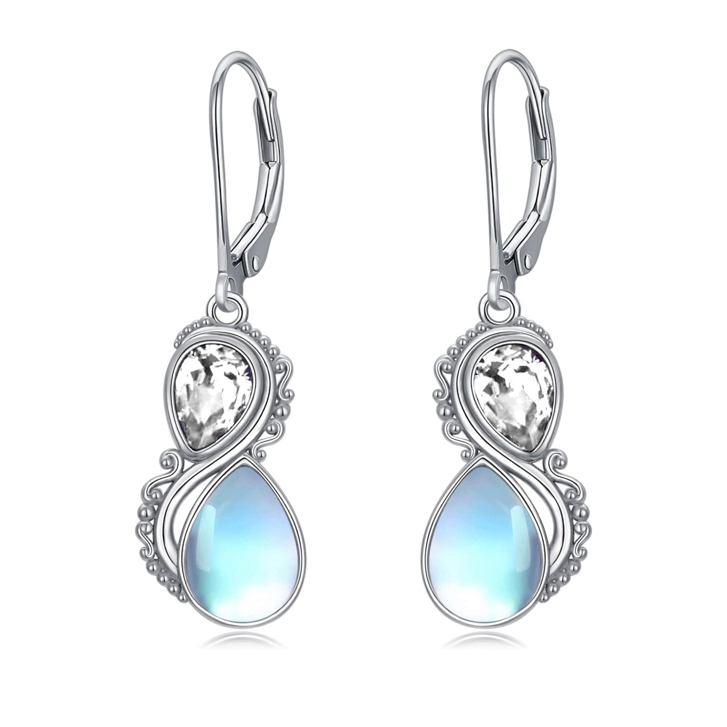 Moonstone Earrings 925 Sterling Silver Vintage Dangle Drop Leverback Earrings with Clear White April Birthstone Jewelry Gifts for Women