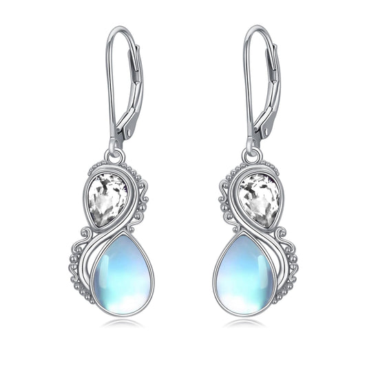 Moonstone Earrings 925 Sterling Silver Vintage Dangle Drop Leverback Earrings with Clear White April Birthstone Jewelry Gifts for Women