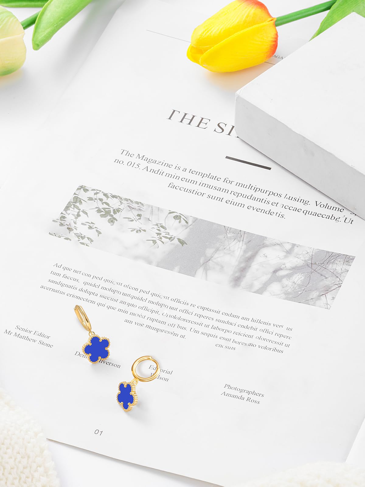 Gold Plated Five Leaf Clover Dangle Earrings for Women Lucky Flower Jewelry (Royal Blue-14K Gold Plated)
