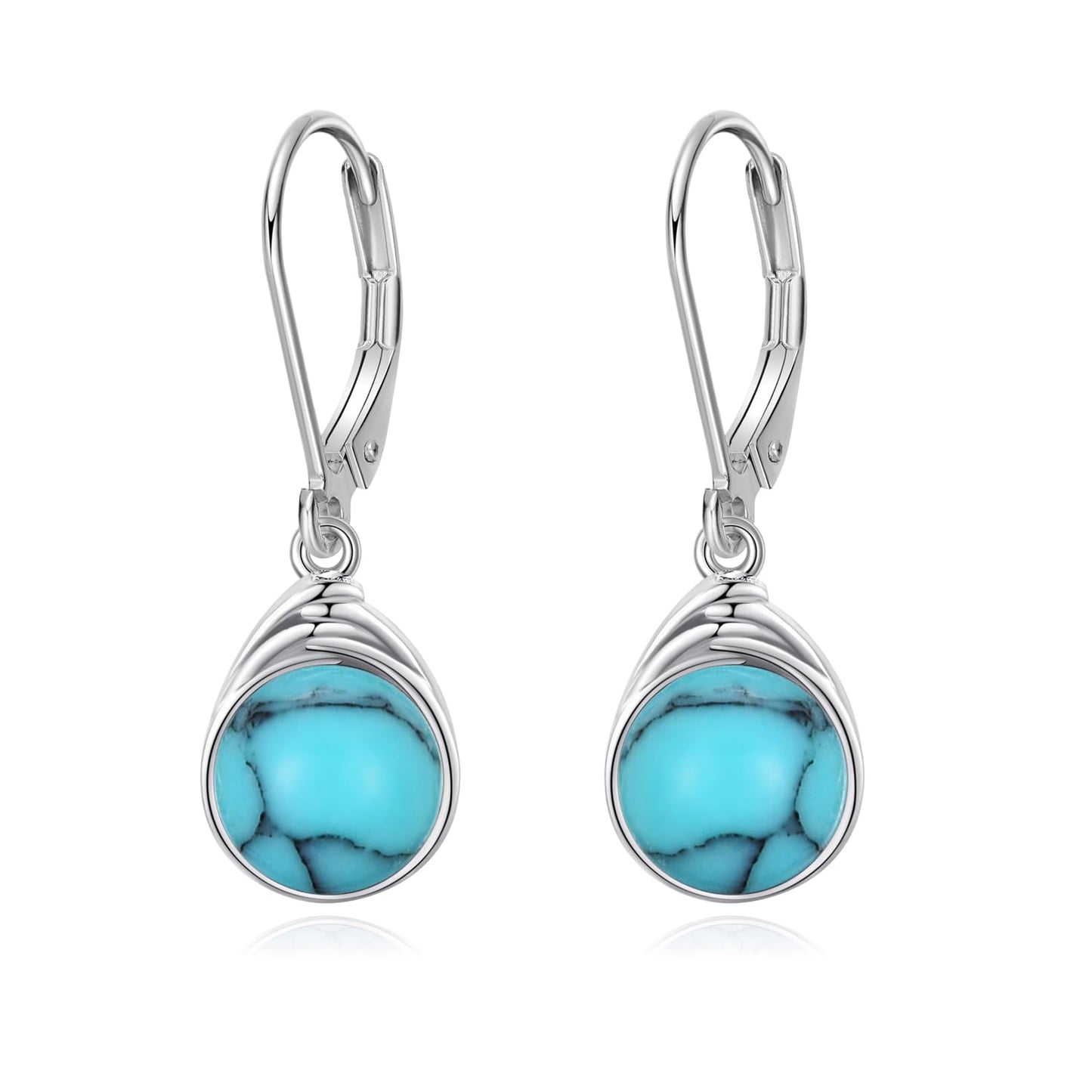 POPLYKE Turquoise Sterling Silver Round Turquoise Leverback Dangle Earrings