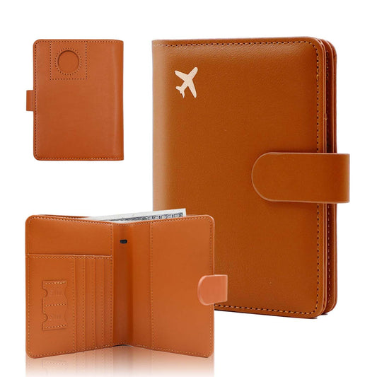 Melsbrinna Premium Leather Passport Holder Covers Case, Waterproof Rfid Blocking Travel Wallet Passport Holder with Pen Holder, Cute Passport Book for Women/Men (AIRTAG, AIR-BROWN)