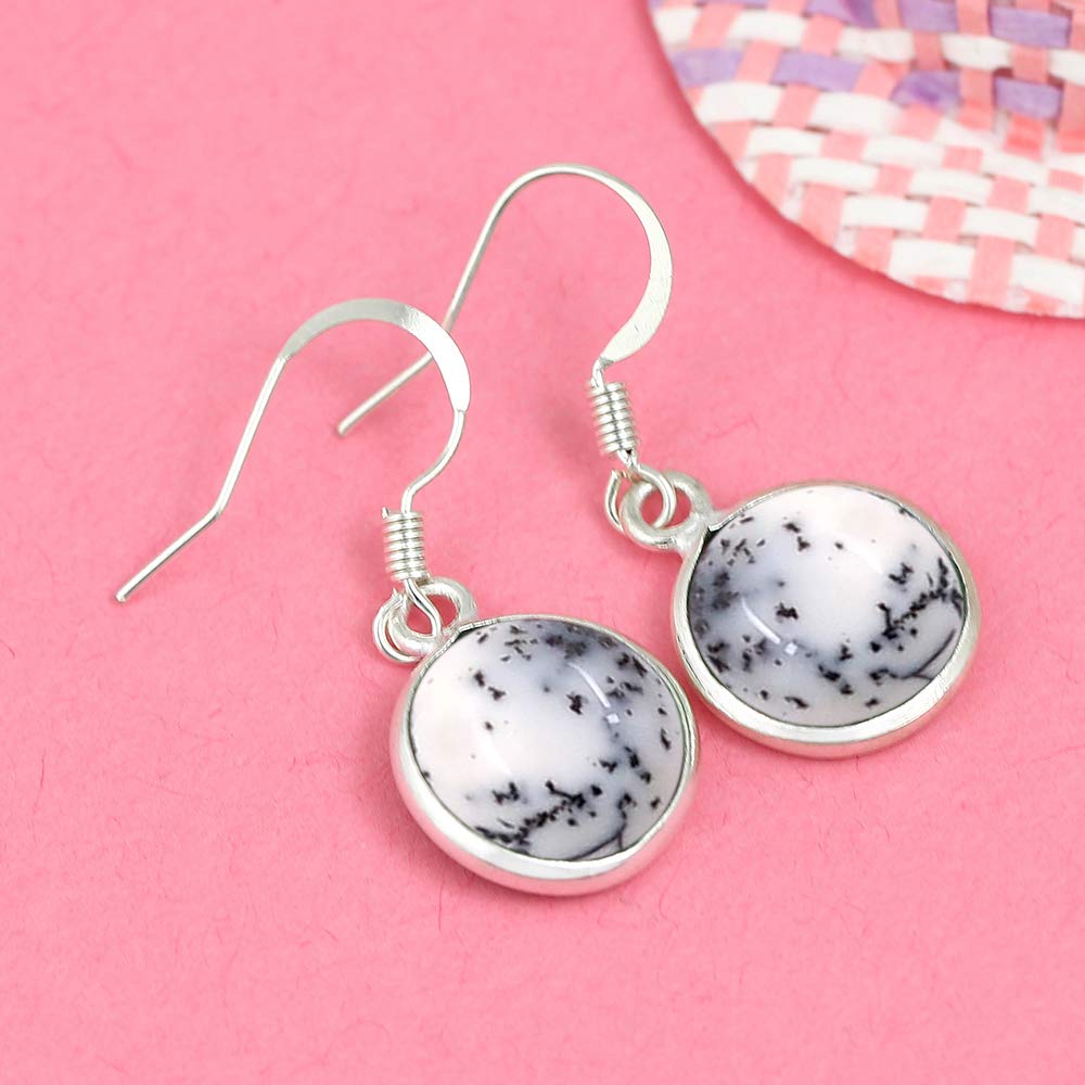 Natural Dendrite Opal 925 Silver Plated Dangle Earrings for Women - Round Shape White Black Color Gemstone October Birthstone Handmade Jewelry Earrings - Birthday Gift for Her