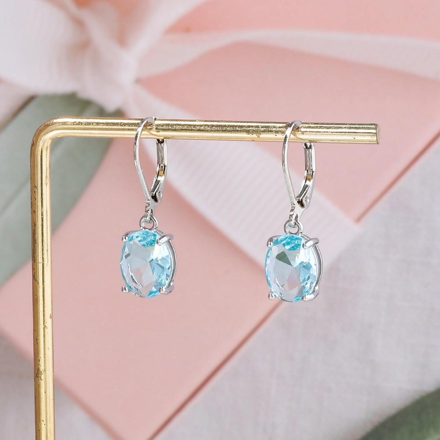 CiNily Cut-Oval Leverback Dangle Earrings for Women Light Blue Cubic Zircon 14k White Gold Plated Hypoallergenic Hanging Earrings Lightweight Summer Drop Earrings