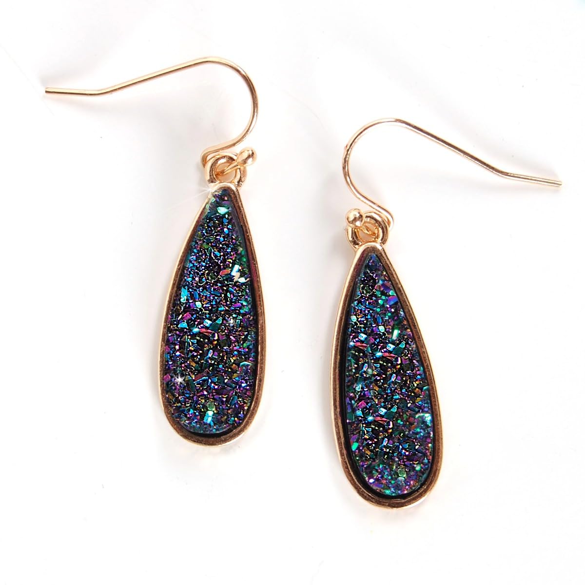 Simulated Druzy Drop Dangles - Sparkly Long Teardrop Dangly Earrings for Women, Gold Tone - Black Created Opal