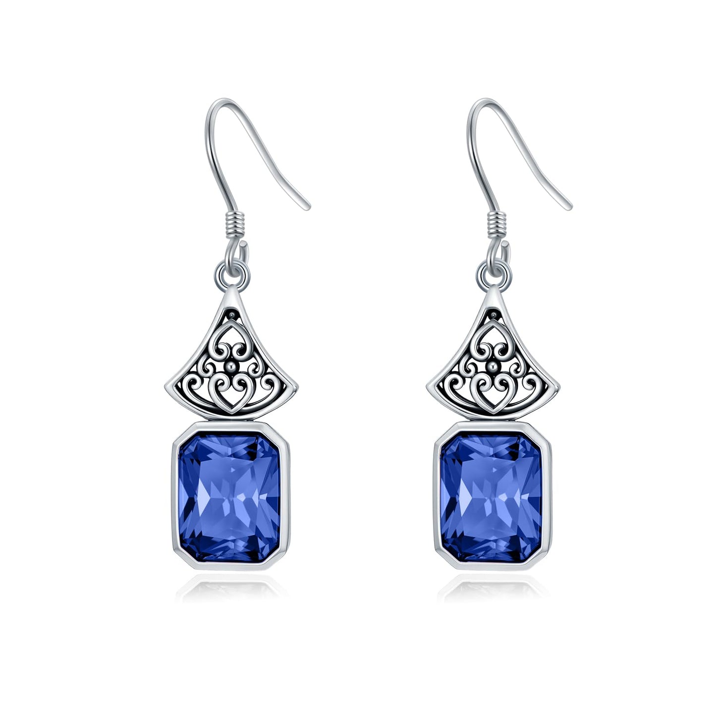 Vintage Earrings 925 Sterling Silver Oxidized Dangle Drop Earrings with Emerald Cut Blue Sapphire September Birthstone Anniversary Jewelry Gifts for Women