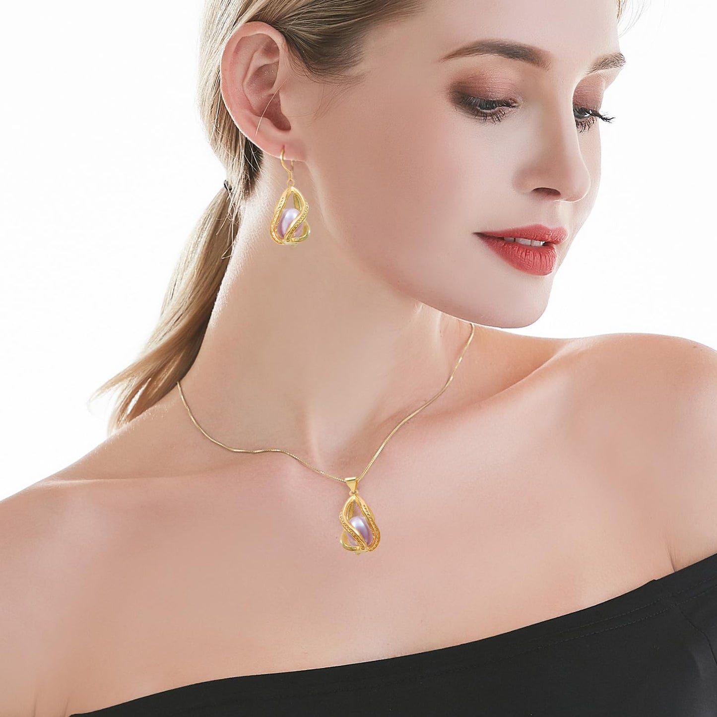 HENGSHENG Pearl Jewelry Set For Women 14K Gold Plated Necklace & Earrings Set Freshwater Pearl Pendant Cage Set for Wedding Anniversary Prom Birthday Gift - Golden Purple