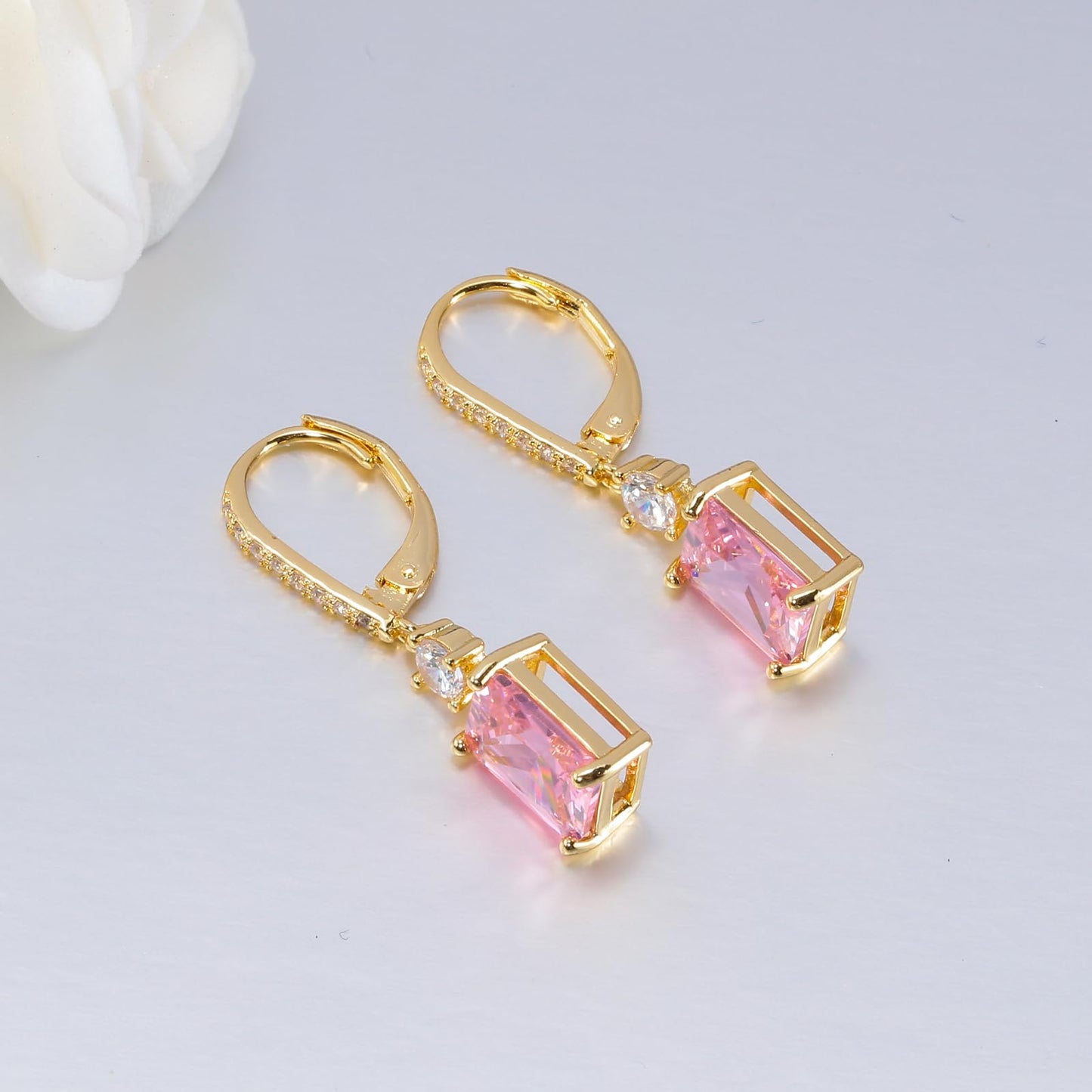 CiNily Leverback Earrings for Women Rectangular-cut Drop Dangle Earring Hypoallergenic, 14K Gold Plated Pink Cubic Zircon Earrings Diamond Dangle Ear Rings Jewelry Birthday