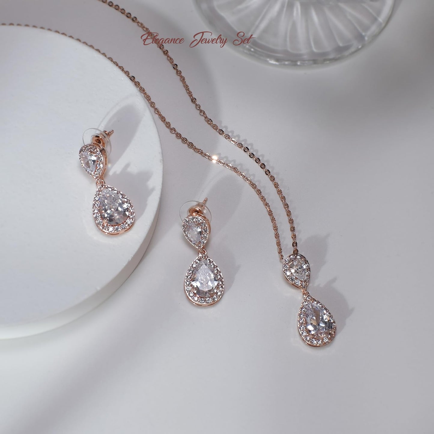 UDYLGOON Bridal Jewelry Set for Women, Cubic Zirconia Teardrop Bride Bridesmaid Necklace and Earrings Set for Wedding Prom Formal (Rose Gold Plated)