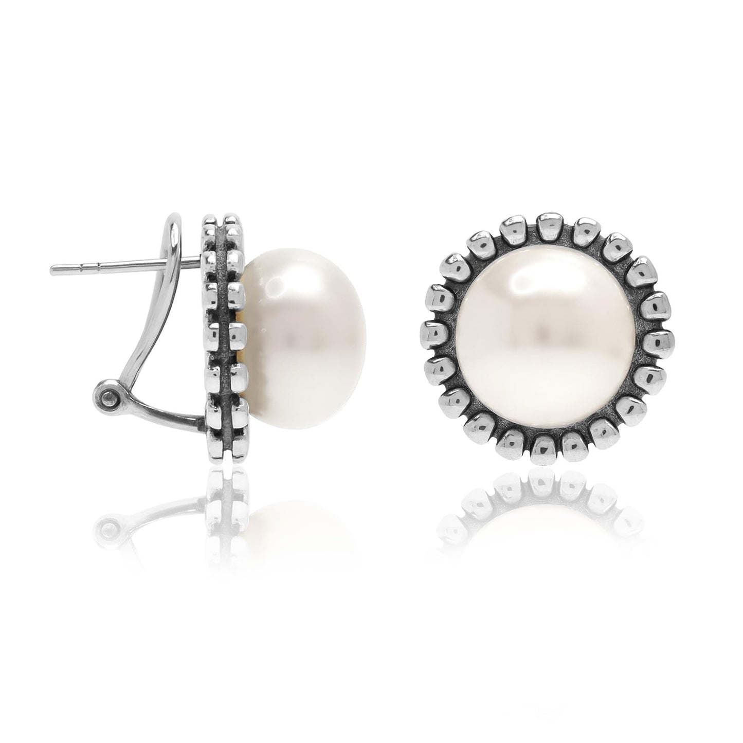 LeCalla 925 Sterling Silver Omega Earrings Classic Cultured Freshwater Pearl Earrings Omega Back Stud Earring for Women - 15MM