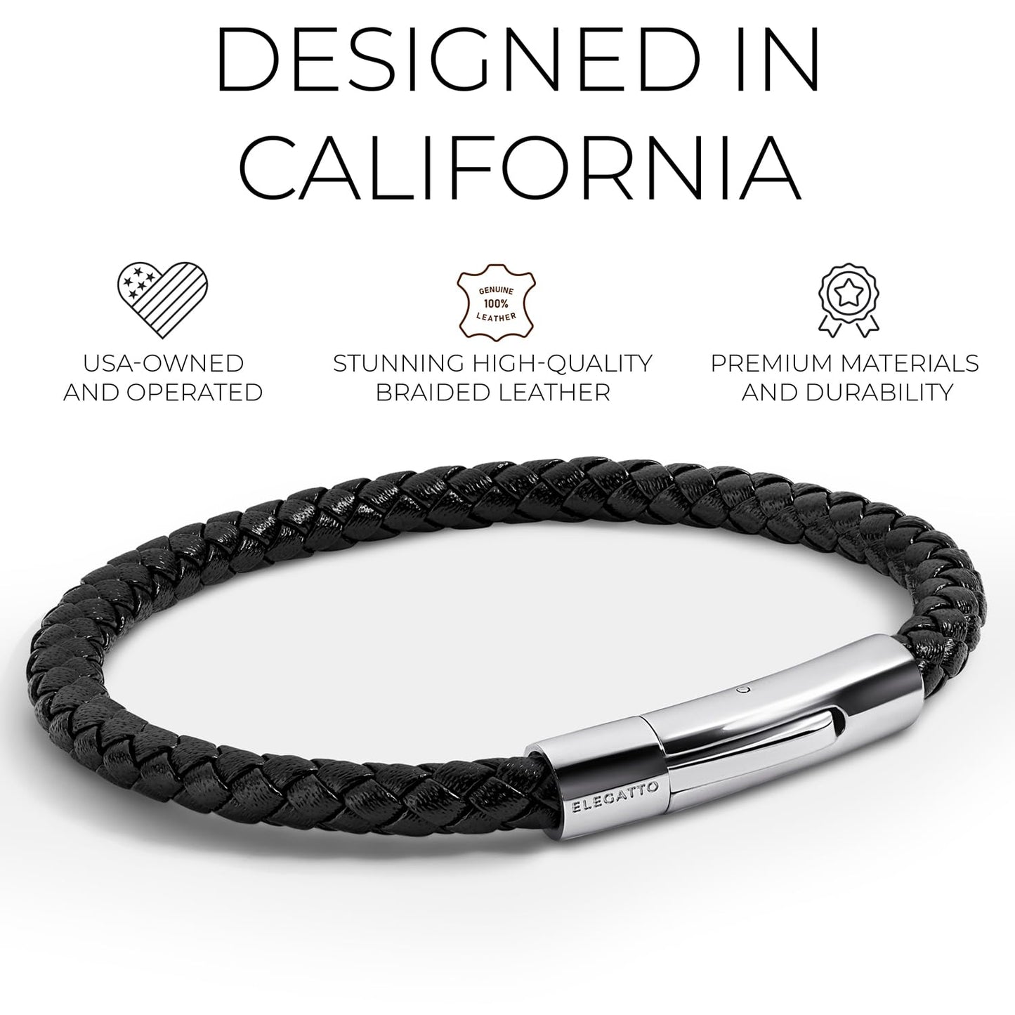 Elegatto Elagio Premium Braided Leather Bracelet for Men | Full-Grain Braided Leather with Sterling Silver Polished Stainless Steel Clasp | Men’s Designer Bracelets | Large