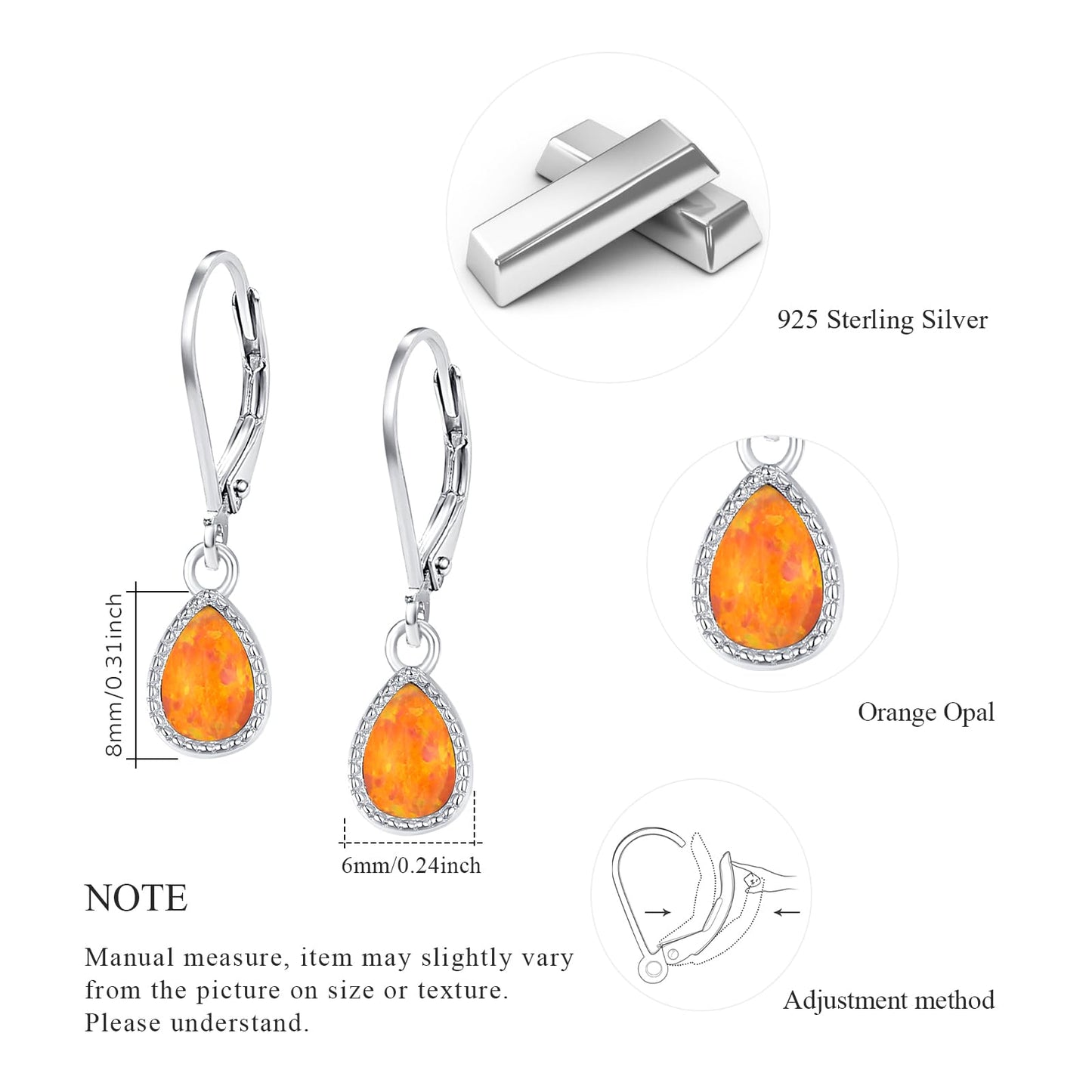 Teardrop opal Earrings, S925 Sterling Silver Orange Opal Drop Earring Jewelry for Women for Best Friend