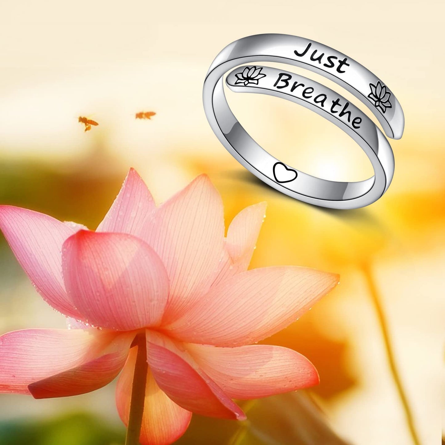 Ladytree Adjustable Inspirational Rings 925 Sterling Silver Yoga Lotus Flower Stacking Wrap Spiral Twist Statement Band Encouragement Jewelry Heartfelt Gifts for Women Yoga Lover(Just Breathe)