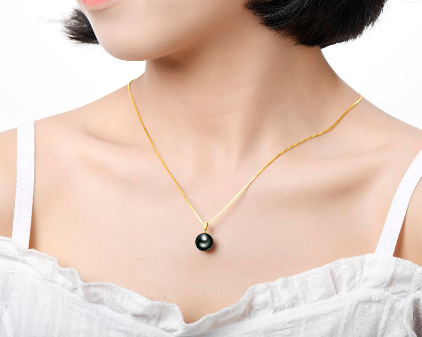 DENGGUANG 18K Gold Black Pearl Necklace Pendant with Diamond 10-11mm Genuine Tahitian Cultured Round Pearls Pendant for Women with 18" Silver Chain