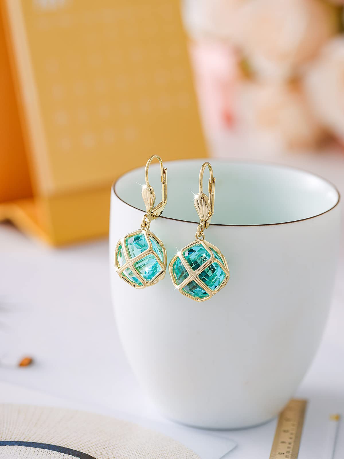 Big Blue Crystal Dangle Earrings for Women (Dec-Turquoise-Rose Gold)
