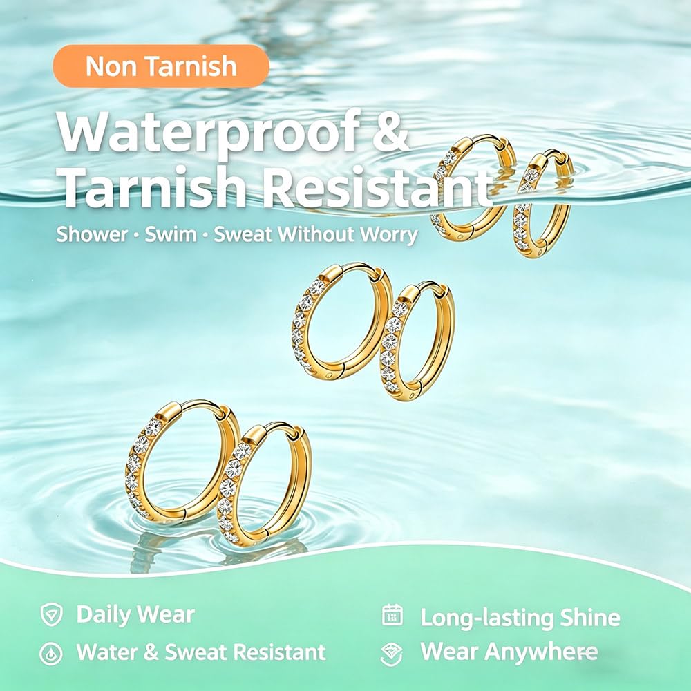3 Pairs Gold Earrings for Women Hoop Earrings Non Tarnish: 14K Gold Plated Nickel Free Small Huggie Hoops Lightweight Earrings for Sensitive Ears, Sleep, Swim, Multiple Piercings 1st 2nd 3rd Ear Hole Helix