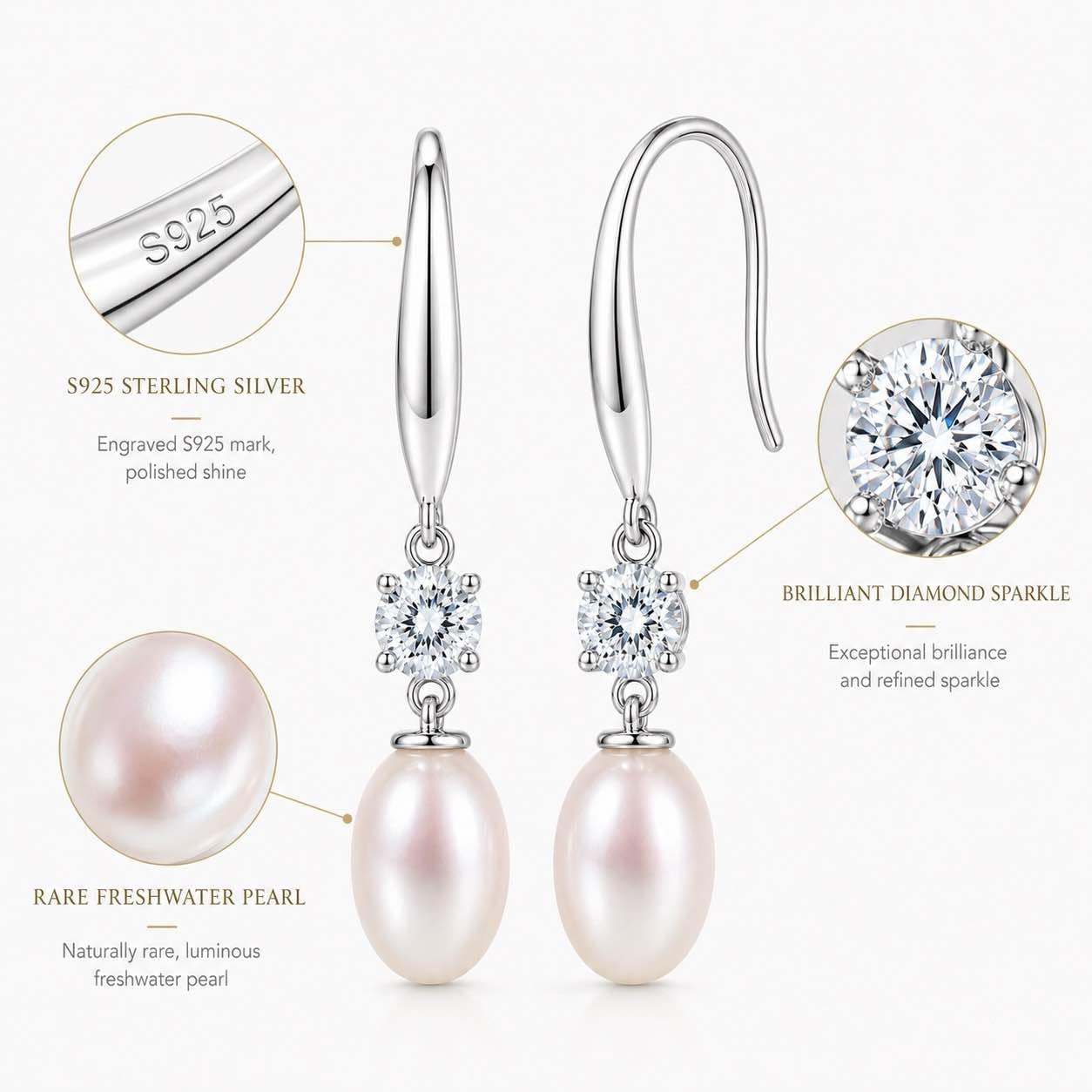 Pearl Drop Earrings for Women, Gold Plated & 925 Sterling Silver, Pink & White Dangle Earrings, Dainty Cute Elegant Bridal Wedding Gift for Her | Christmas Gift for Women (Silver Ear Hook White Pearl)
