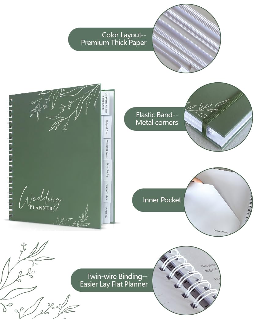 WeddingGiftsWedding Wedding Planner for Bride,Wedding Planning Book and Organizer,Wedding Binder Book with Pockets,Perfect Engagement Gifts for Newly Enaged Couples (Sage Green)