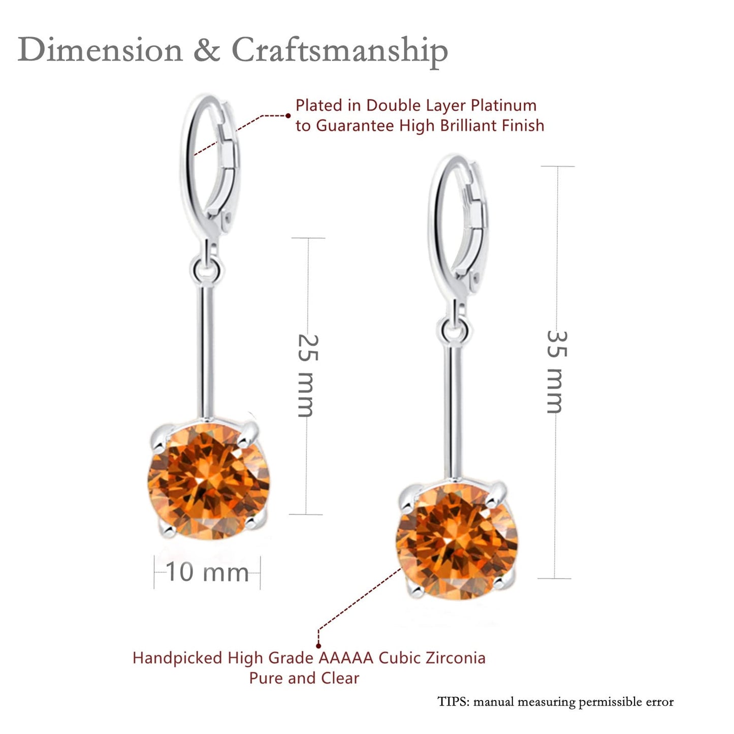 VONSSY Gemstone Drop Dangle Earrings | Platinum /Gold Plated Leverback Crystal Cubic Zirconia Hanging Red /Pink/Blue Earrings (Champagne-Platinum)