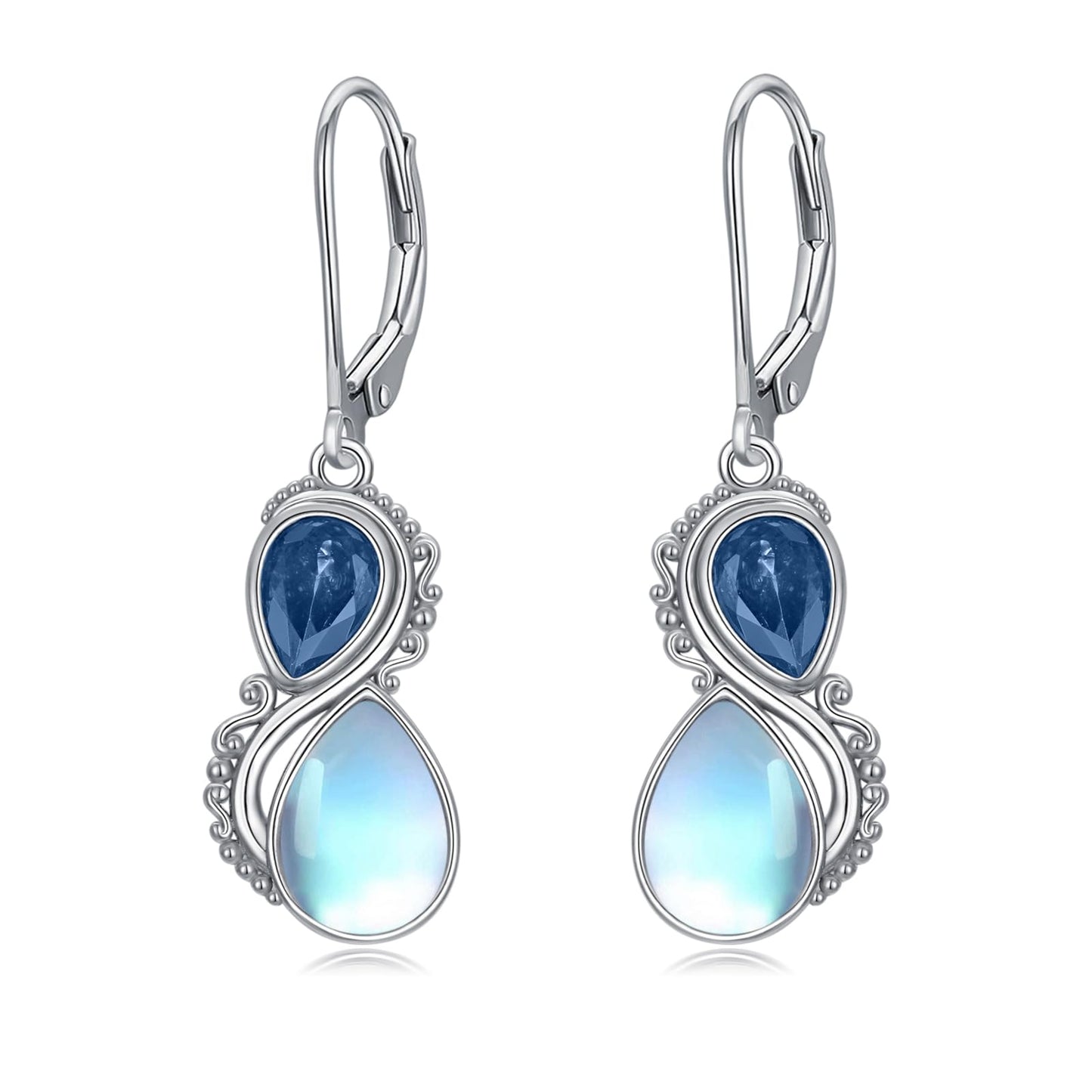 Moonstone Earrings 925 Sterling Silver Vintage Dangle Drop Leverback Earrings with London Blue December Birthstone Jewelry Gifts for Women
