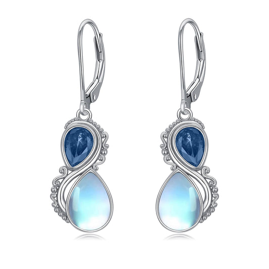 Moonstone Earrings 925 Sterling Silver Vintage Dangle Drop Leverback Earrings with London Blue December Birthstone Jewelry Gifts for Women