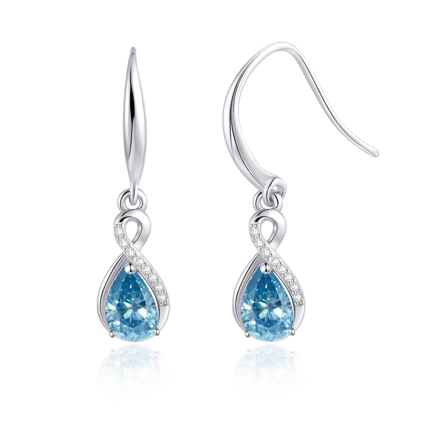 Infinity Birthstone Earrings 18K White Gold Plated 925 Sterling Silver Teardrop Infinity Drop Dangle Earrings March Birthstone Jewelry Birthday Gifts for Women Her Mother Wife