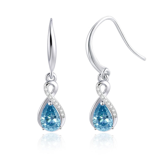 Infinity Birthstone Earrings 18K White Gold Plated 925 Sterling Silver Teardrop Infinity Drop Dangle Earrings March Birthstone Jewelry Birthday Gifts for Women Her Mother Wife
