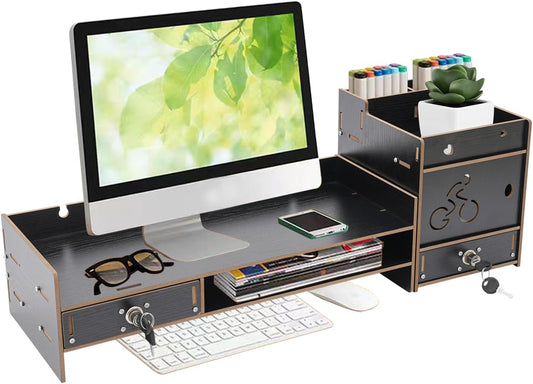QUSKLISU (05) Computer Monitor Stand, Computer Rack with Drawers, Two top Platforms Desk Organizer Monitor Stand