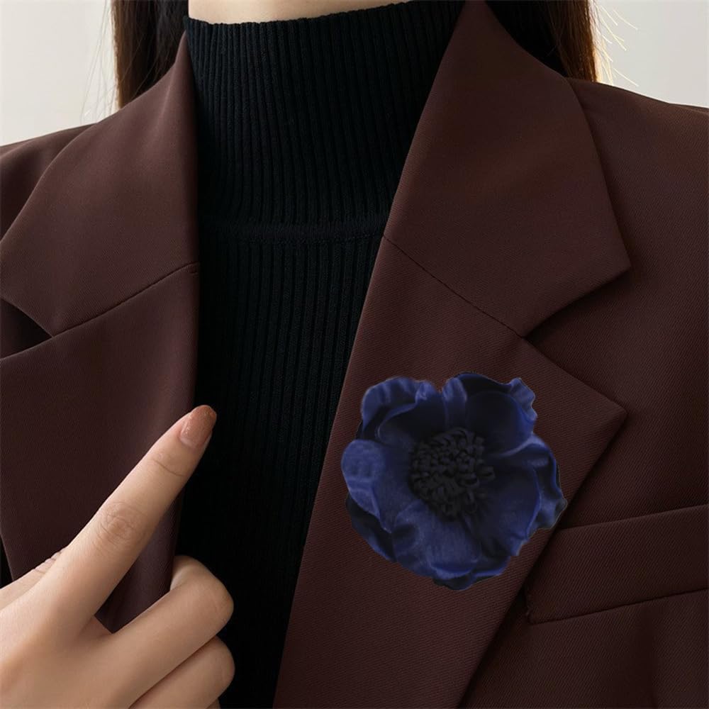Elegant Large Cloth Flower Brooches Big Camellia Flower Pin for Women Dainty Cloth Fabric Rose Brooches Dress Skirt Scarf Hat Pins Clothing Decoration Accessories (Navy Blue)