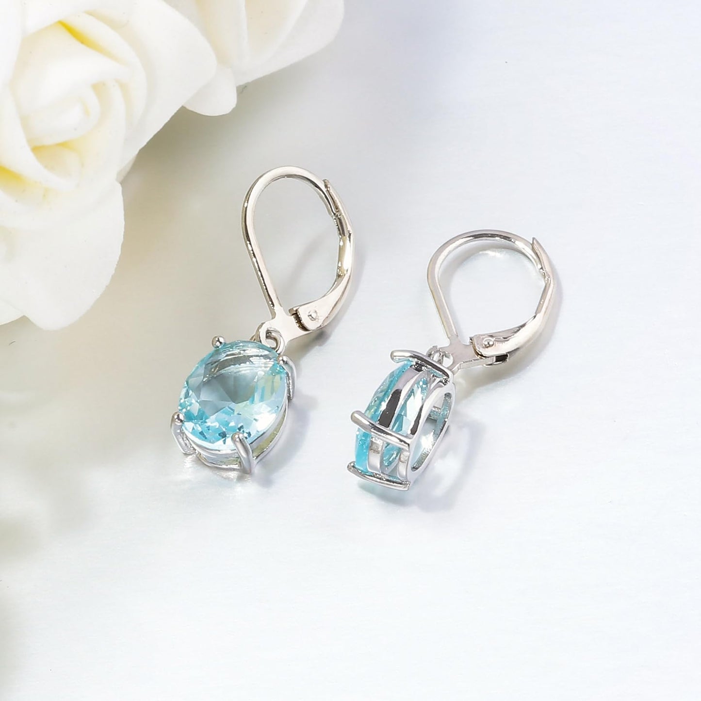 CiNily Cut-Oval Leverback Dangle Earrings for Women Light Blue Cubic Zircon 14k White Gold Plated Hypoallergenic Hanging Earrings Lightweight Summer Drop Earrings