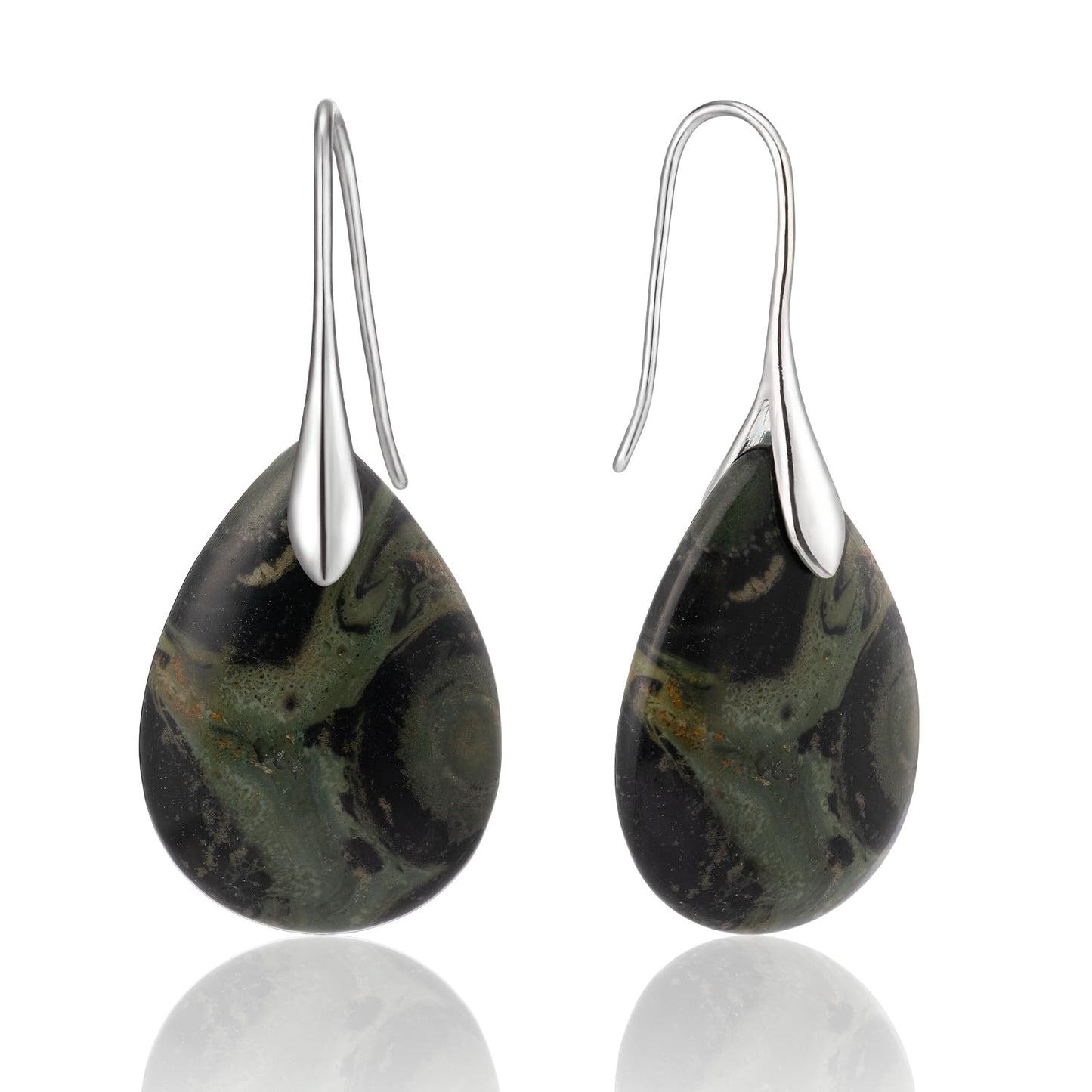 SELOVO Blackish Green Stone Teardrop Fishhook Dangle Drop Earrings Silver Tone