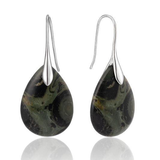 SELOVO Blackish Green Stone Teardrop Fishhook Dangle Drop Earrings Silver Tone