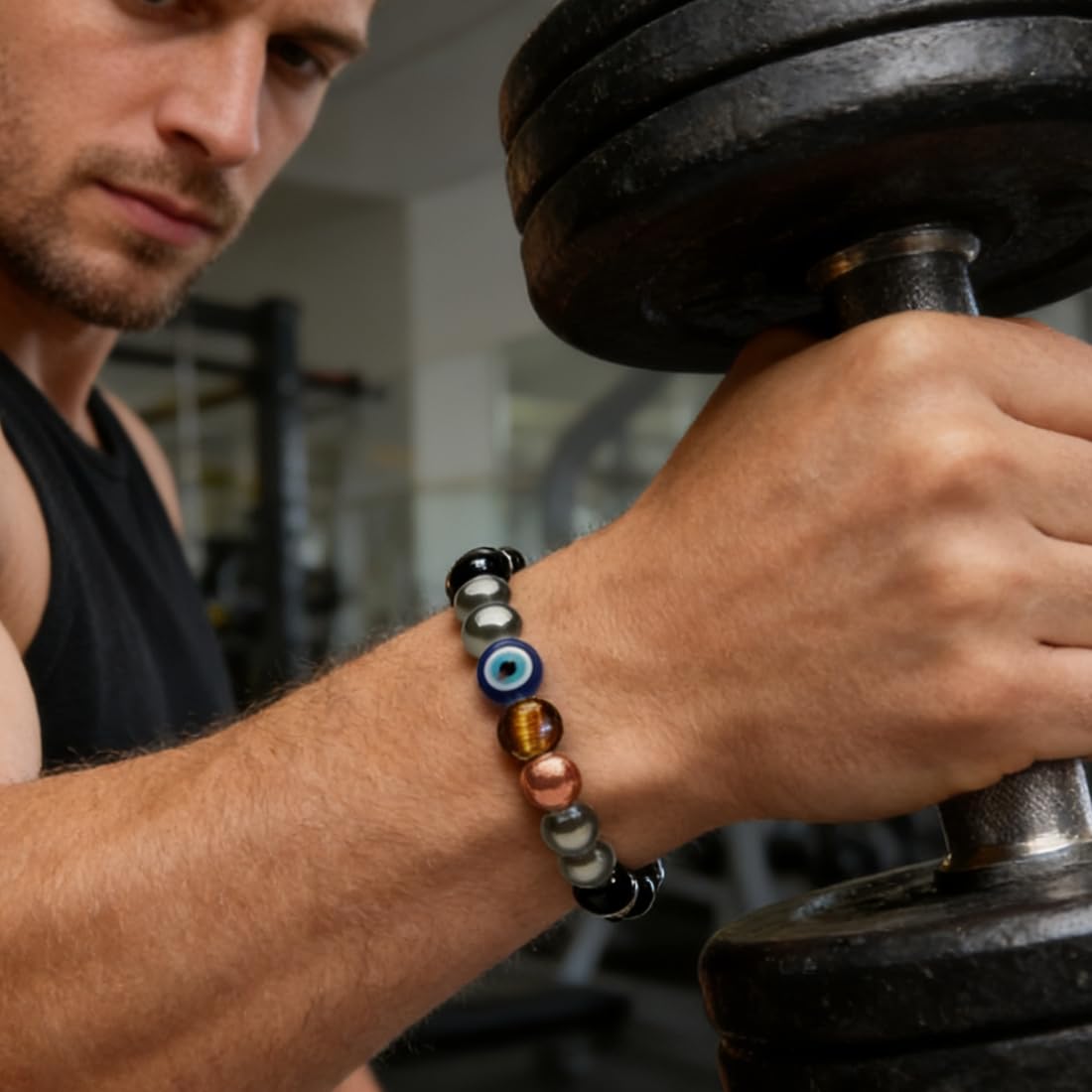 Drkao Unique Original Design Magnetic Therapy Bracelet for Men, Lucky 7 Power Healing Obsidian & Tiger's Eye Crystals, Real Copper Beads for Joint Comfort, Evil Eye 5-Fold Shield Energy Magnetic Jewelry For Mother