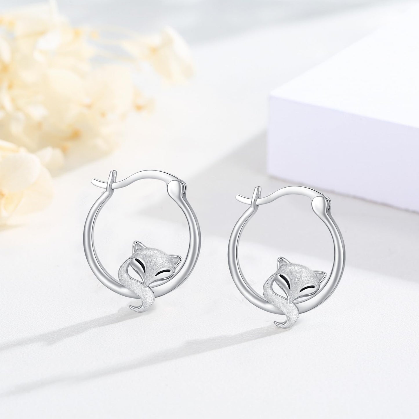 Fox Earrings 925 Sterling Silver Hypoallergenic Cute Animal Hoop Earrings for Sensitive Ears Lucky Fox Jewelry Mothers Day Gifts for Women Girls
