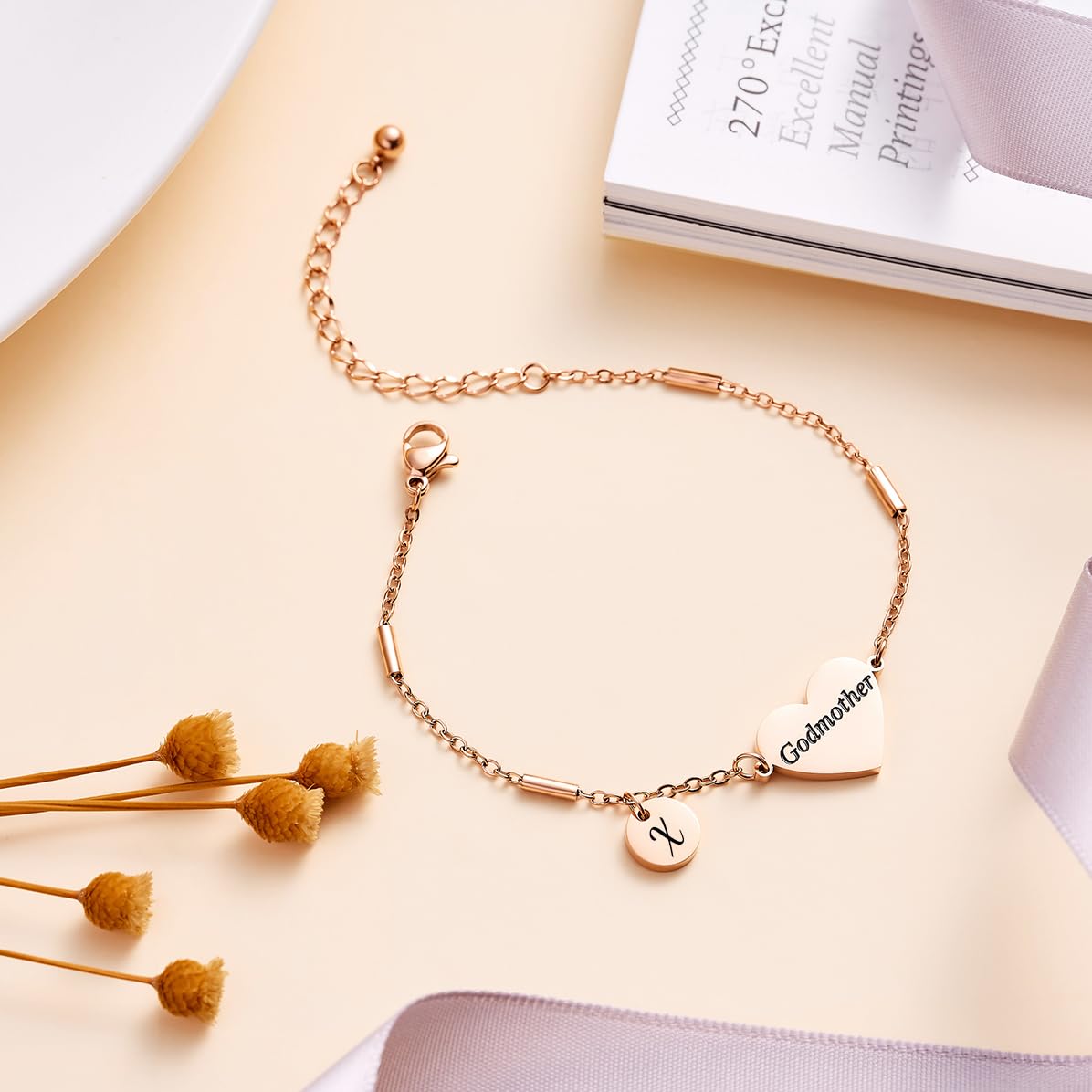 CHENVA Godmother Gifts Initial Bracelet Bangle for Women Gift for Godmother from Goddaughter (Godmother Bracelet-X-Rose Gold)